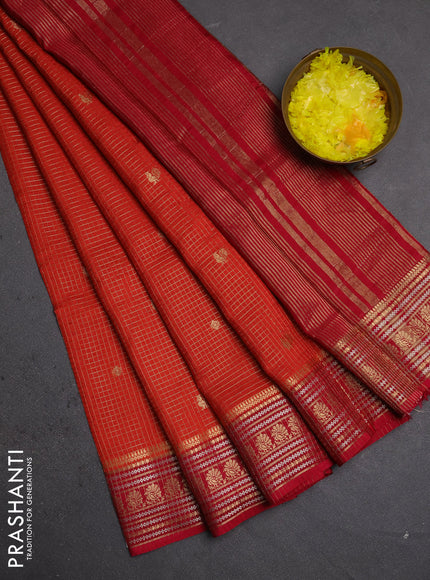 Semi mysore silk saree rust shade and pink with allover zari checks & buttas and zari woven border
