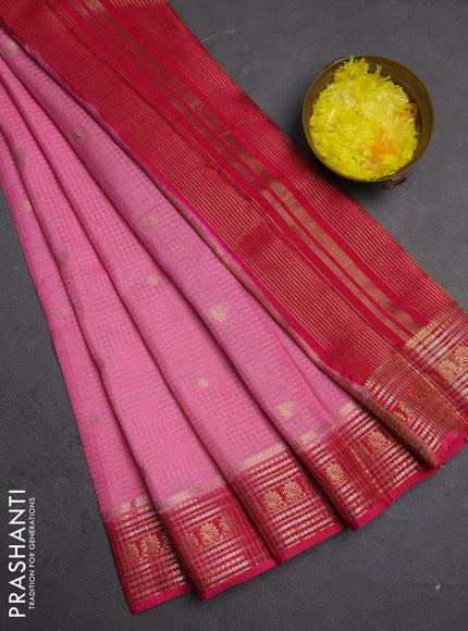 Semi mysore silk saree peach pink and pink with allover zari checks & buttas and zari woven border