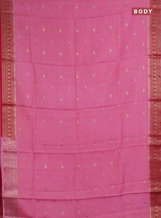 Semi mysore silk saree peach pink and pink with allover zari checks & buttas and zari woven border