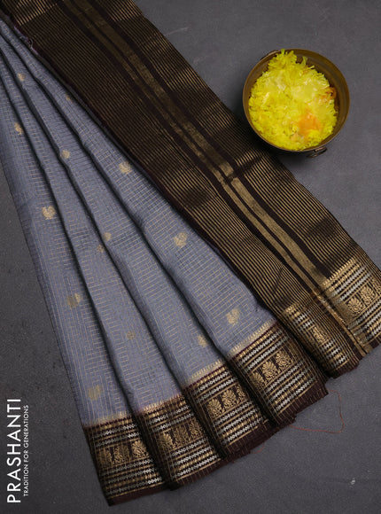 Semi mysore silk saree grey and coffee brown with allover zari checks & buttas and zari woven border