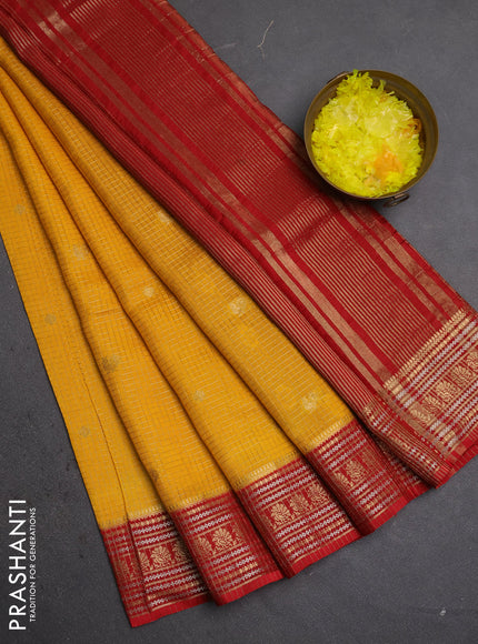 Semi mysore silk saree mango yellow and red with allover zari checks & buttas and zari woven border