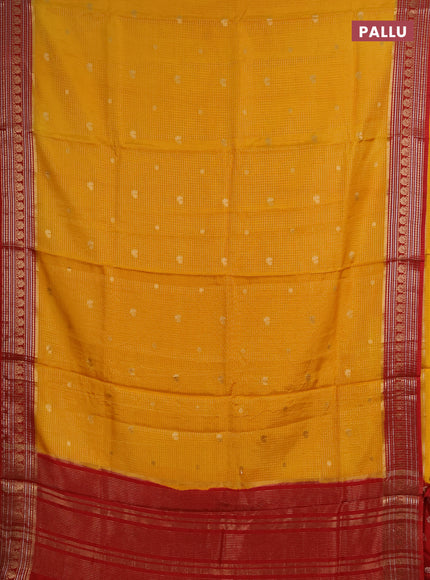 Semi mysore silk saree mango yellow and red with allover zari checks & buttas and zari woven border