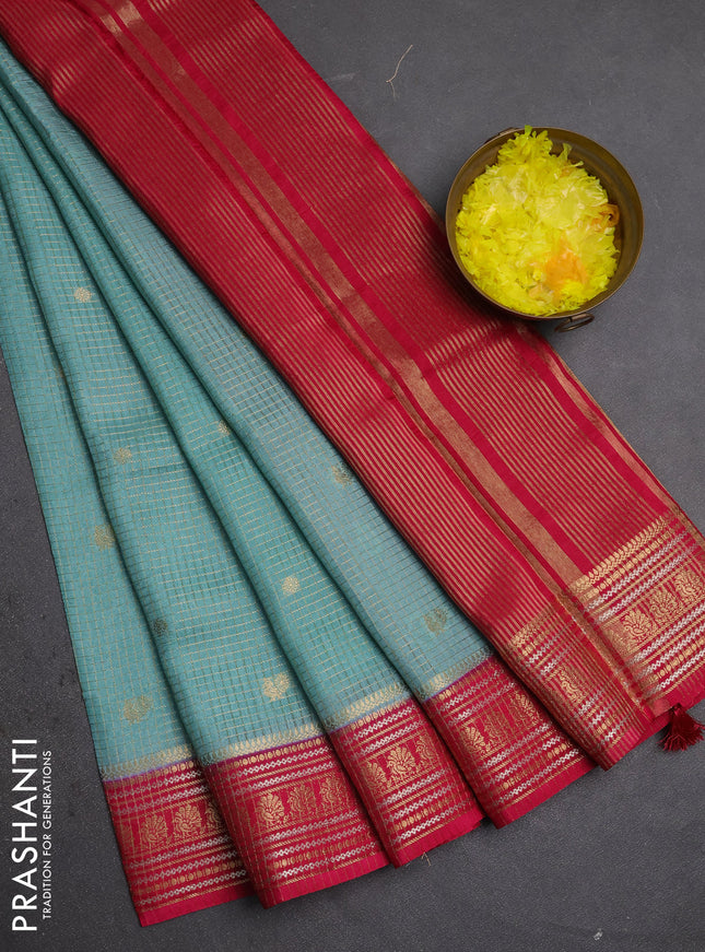 Semi mysore silk saree pastel green and pink with allover zari checks & buttas and zari woven border