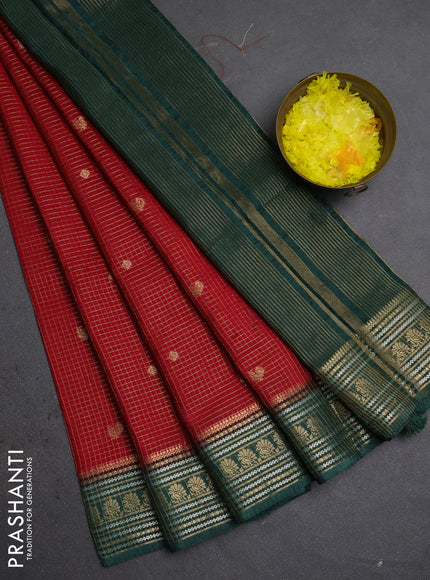 Semi mysore silk saree maroon and green with allover zari checks & buttas and zari woven border