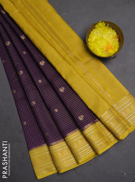 Semi mysore silk saree violet and yellow with allover zari checks & buttas and zari woven border