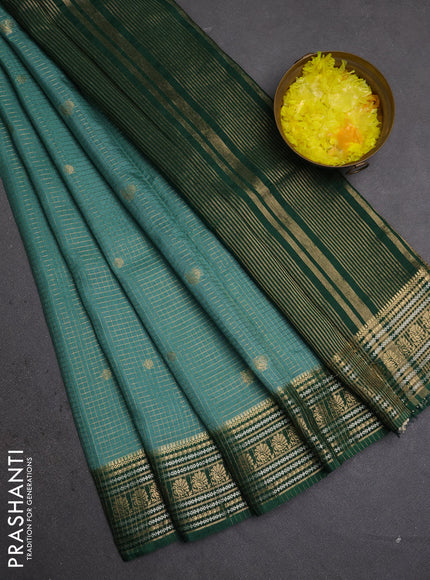 Semi mysore silk saree teal green and green with allover zari checks & buttas and zari woven border