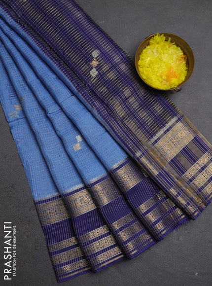 Semi mysore silk saree teal blue and blue with allover zari checks & buttas and zari woven border