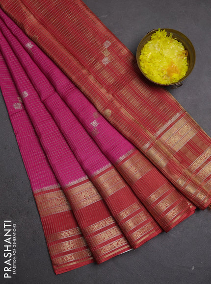 Semi mysore silk saree pink and red with allover zari checks & buttas and zari woven border