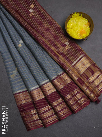 Semi mysore silk saree grey and deep wine with allover zari checks & buttas and zari woven border