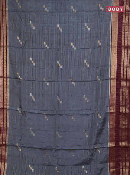 Semi mysore silk saree grey and deep wine with allover zari checks & buttas and zari woven border
