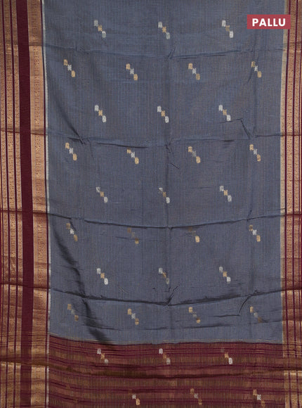 Semi mysore silk saree grey and deep wine with allover zari checks & buttas and zari woven border