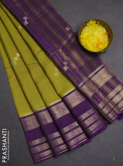 Semi mysore silk saree lime green and violet with allover zari checks & buttas and zari woven border