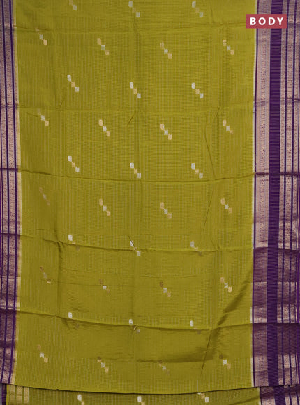 Semi mysore silk saree lime green and violet with allover zari checks & buttas and zari woven border
