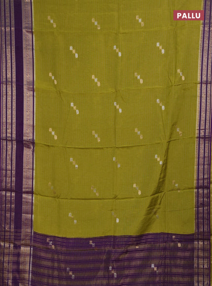 Semi mysore silk saree lime green and violet with allover zari checks & buttas and zari woven border
