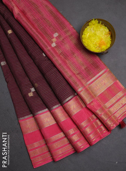 Semi mysore silk saree coffee brown and pink with allover zari checks & buttas and zari woven border