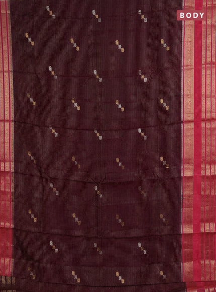 Semi mysore silk saree coffee brown and pink with allover zari checks & buttas and zari woven border