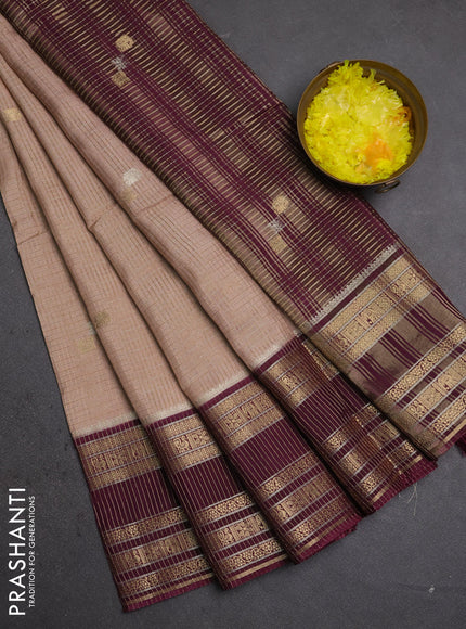 Semi mysore silk saree beige and wine shade with allover zari checks & buttas and zari woven border
