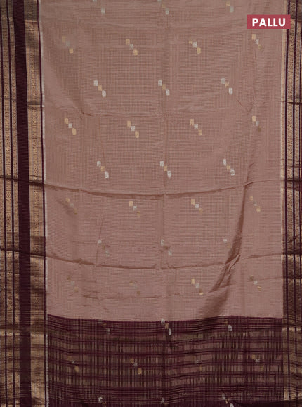 Semi mysore silk saree beige and wine shade with allover zari checks & buttas and zari woven border