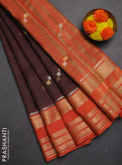 Semi mysore silk saree deep purple and orange with allover zari checks & buttas and zari woven border