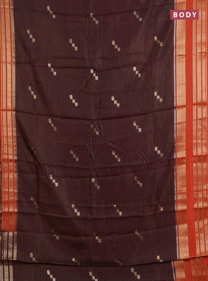 Semi mysore silk saree deep purple and orange with allover zari checks & buttas and zari woven border