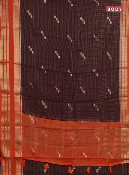 Semi mysore silk saree deep purple and orange with allover zari checks & buttas and zari woven border
