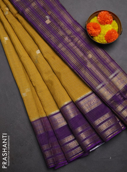 Semi mysore silk saree mustard yellow and violet with allover zari checks & buttas and zari woven border