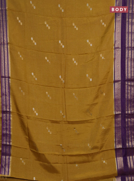 Semi mysore silk saree mustard yellow and violet with allover zari checks & buttas and zari woven border