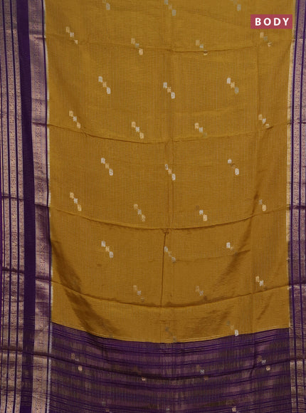 Semi mysore silk saree mustard yellow and violet with allover zari checks & buttas and zari woven border