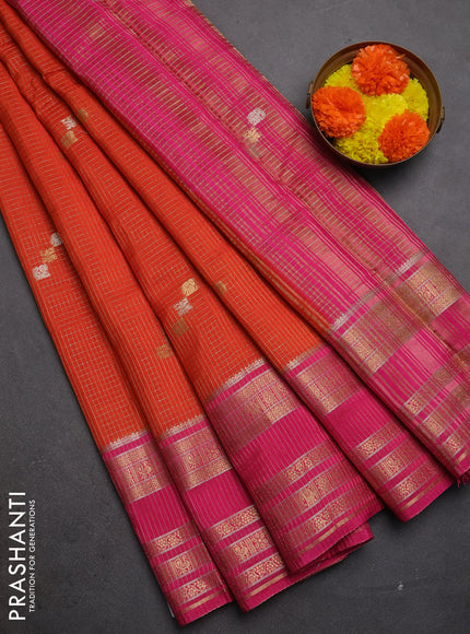 Semi mysore silk saree orange and pink with allover zari checks & buttas and zari woven border