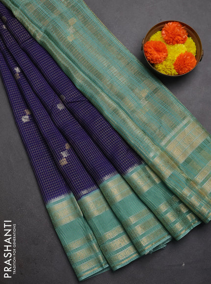 Semi mysore silk saree blue and pastel green with allover zari checks & buttas and zari woven border