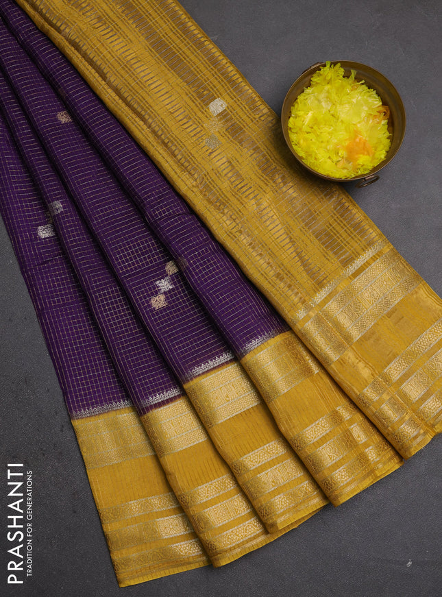 Semi mysore silk saree violet and mustard yellow with allover zari checks & buttas and zari woven border