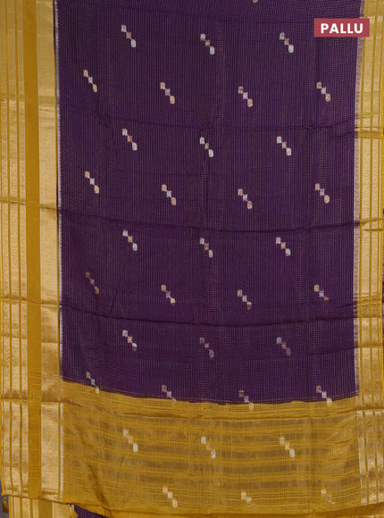 Semi mysore silk saree violet and mustard yellow with allover zari checks & buttas and zari woven border