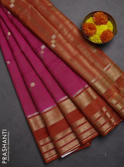 Semi mysore silk saree pink and orange with allover zari checks & buttas and zari woven border