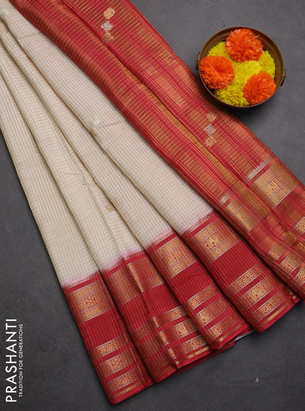 Semi mysore silk saree cream and red with allover zari checks & buttas and zari woven border