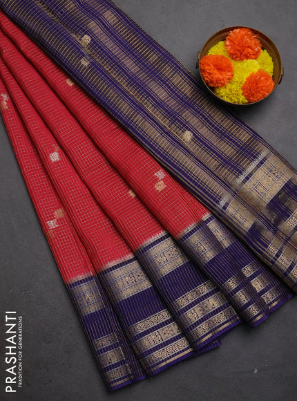 Semi mysore silk saree tomato pink and blue with allover zari checks & buttas and zari woven border