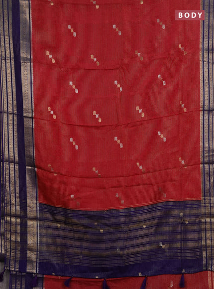 Semi mysore silk saree tomato pink and blue with allover zari checks & buttas and zari woven border