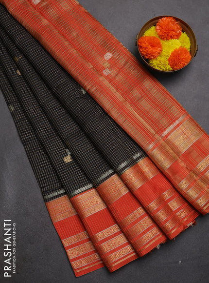 Semi mysore silk saree black and orange with allover zari checks & buttas and zari woven border