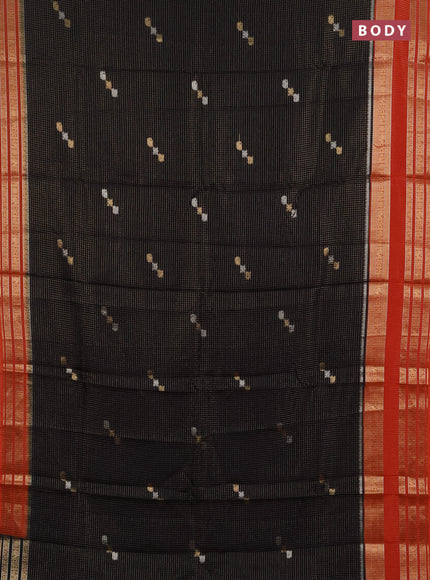 Semi mysore silk saree black and orange with allover zari checks & buttas and zari woven border