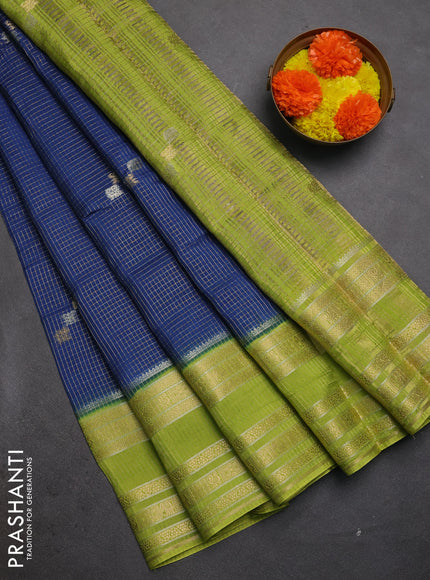 Semi mysore silk saree blue and lime green with allover zari checks & buttas and zari woven border