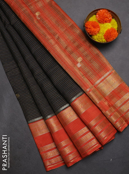 Semi mysore silk saree jamun shade and orange with allover zari checks & buttas and zari woven border