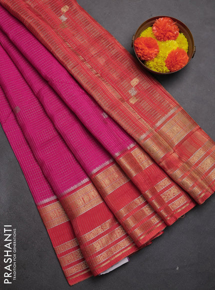 Semi mysore silk saree pink and orange with allover zari checks & buttas and zari woven border