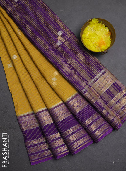 Semi mysore silk saree mustard yellow and purple with allover zari checks & buttas and zari woven border