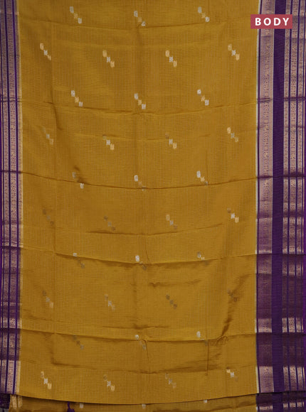 Semi mysore silk saree mustard yellow and purple with allover zari checks & buttas and zari woven border
