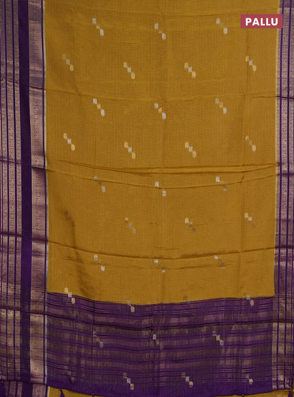 Semi mysore silk saree mustard yellow and purple with allover zari checks & buttas and zari woven border