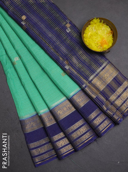 Semi mysore silk saree teal green and blue with allover zari checks & buttas and zari woven border