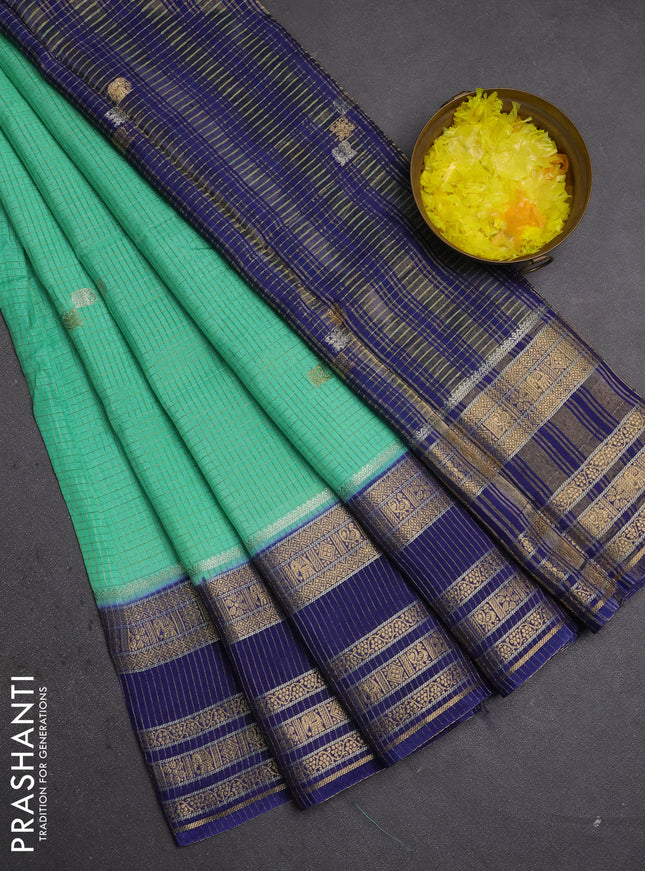 Semi mysore silk saree teal green and blue with allover zari checks & buttas and zari woven border