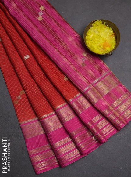 Semi mysore silk saree red and pink with allover zari checks & buttas and zari woven border