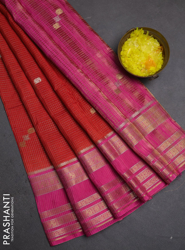Semi mysore silk saree red and pink with allover zari checks & buttas and zari woven border