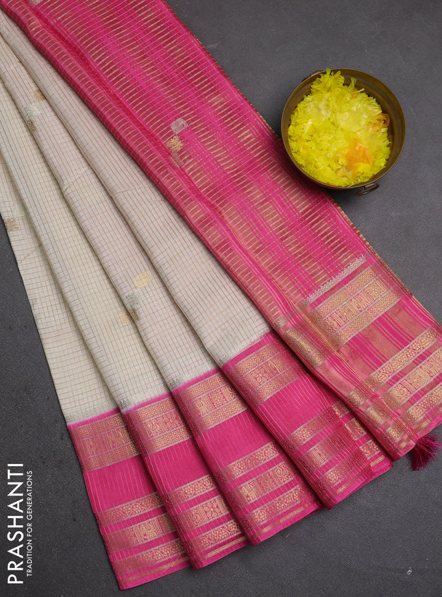 Semi mysore silk saree cream and pink with allover zari checks & buttas and zari woven border