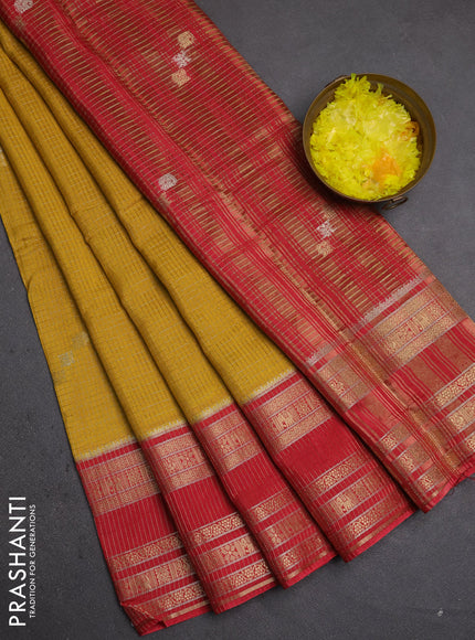 Semi mysore silk saree mustard yellow and red with allover zari checks & buttas and zari woven border